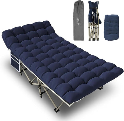 YELLOW JACKET Folding Camping Cot with Mattress, Upgraded 32" Wide Cot for Camping, Folding Sleeping Cot with Carry Bag, Camping Cots for Adults Idea for Home, Office & Travel (Blue)