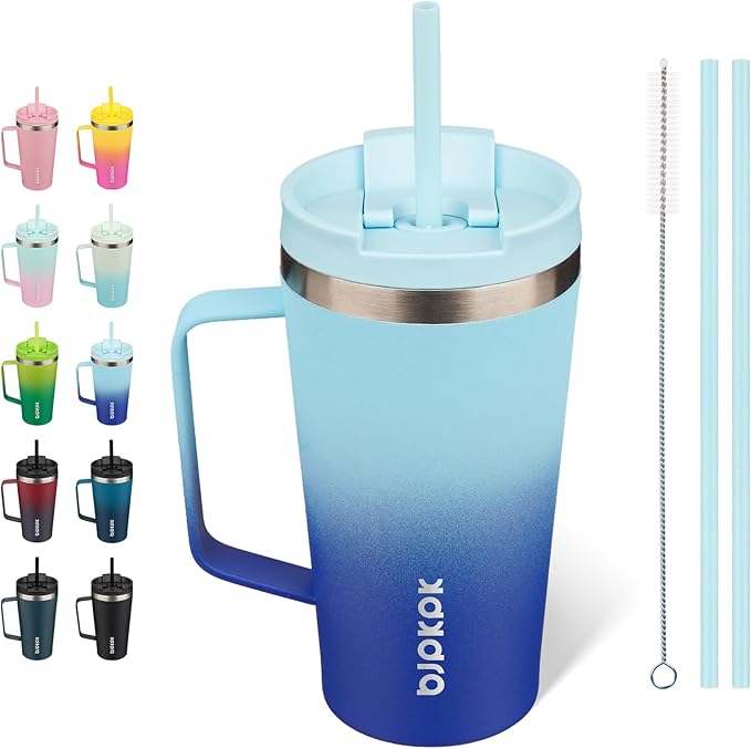 BJPKPK Insulated Tumbler with Handle, 18oz Insulated Tumblers with Lid and Straw, Stainless Steel Metal Water Bottles, Coffee Travel Mugs, Cups, Sky