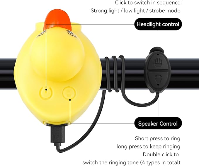 Lovely Yellow Duck Bike Bell, Kids Bike Horn, Rubber Yellow Duck Bicycle Accessories with LED Light - for Kids Toddler Children Adults Sport Outdoor