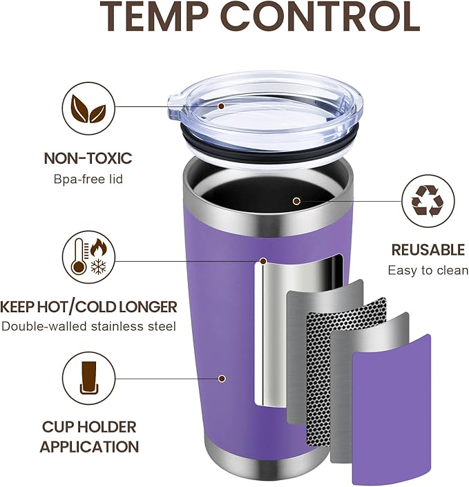 MEWAY 20oz Tumbler 8 Pack Double Wall Vacuum Insulated Travel Mug Bulk, Stainless Steel Tumblers with Lid and Straw, Durable Powder Coated Coffee Cups for Cold & Hot Drinks (Purple, 8)