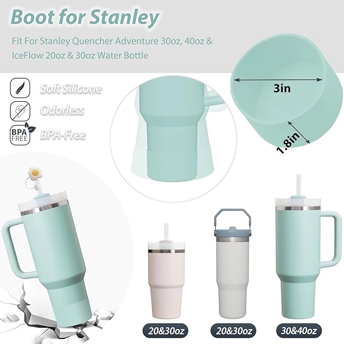 Silicone Stanley Cup Accessories Set - 6 Pcs Spill Proof Stopper, 2 Pcs Straw Cover Cap, 1 Pcs Silicone Boot for 40oz & 30oz Tumbler (Seafoam)