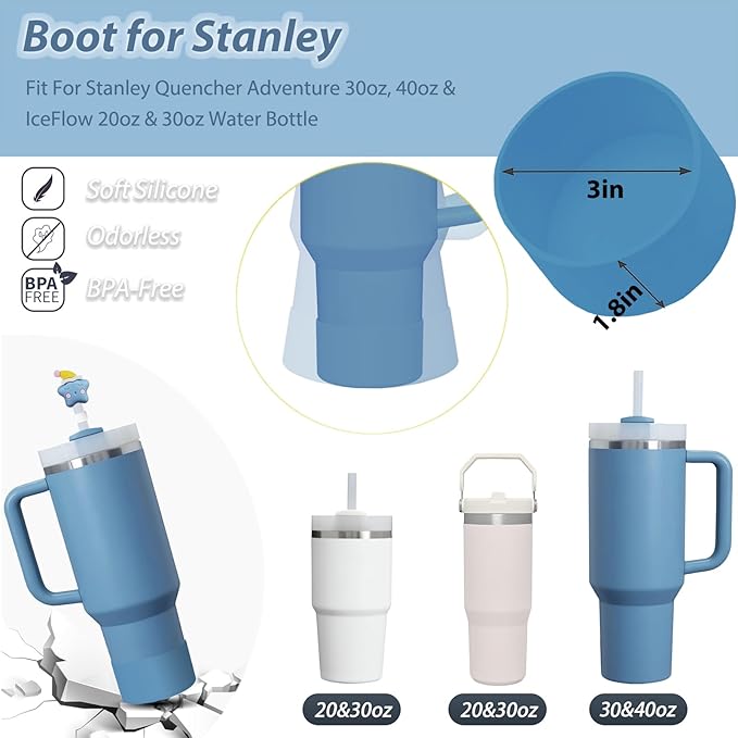 Stanley Cup Accessories Set Including 6 Pcs Silicone Spill Proof Stopper, 2 Pcs Straw Cover Cap for 9-10 mm Straws, 1 Pcs Silicone Boot for Stanley Cup 40oz & 30oz Tumbler (Indigo)