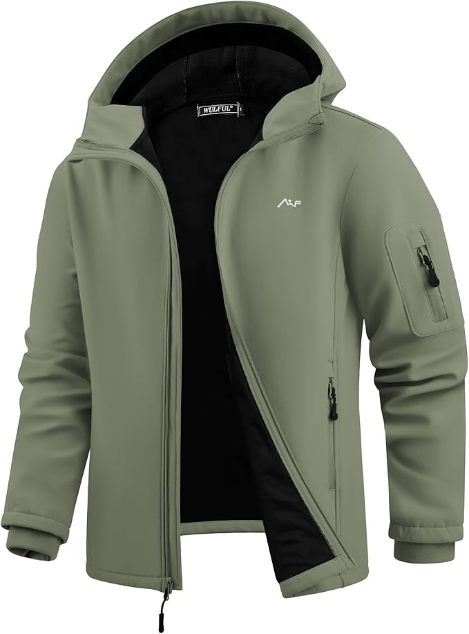 WULFUL Men's Lightweight Softshell Jacket Warm Fleece Lined Windbreaker Waterproof Soft Shell for Outdoor Hiking