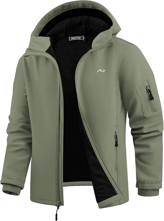 WULFUL Men's Lightweight Softshell Jacket Warm Fleece Lined Windbreaker Waterproof Soft Shell for Outdoor Hiking
