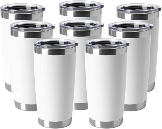 HASLE OUTFITTERS 20oz Tumblers Bulk Stainless Steel Cup with Lid Double Wall Vacuum Insulated Coffee Mug for Cold & Hot Drinks 8 Pack, White