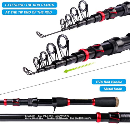 Fishing Rod and Reel Combo, 6.9ft Carbon Fiber Telescopic Fishing Pole with Spinning/Baitcasting Reel Combos, Sea Saltwater Freshwater Ice Bass Fishing Tackle Set Fishing Rods Kit