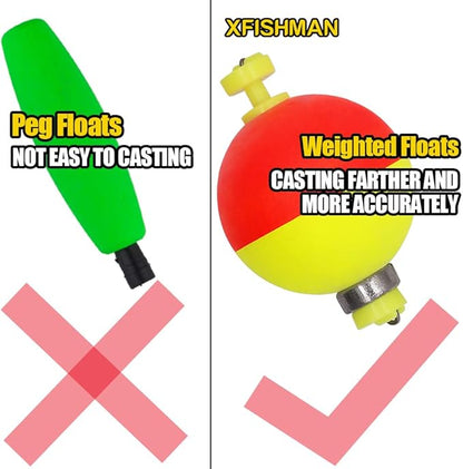 XFISHMAN Weighted-Bobbers-for-Fishing-Floats-Bouy Slip Bobber Fishing Corks Kit Crappie Bluegills Panfish Catfish Hand Made Foam Float 1 Inch 2 in 8-12 Pack