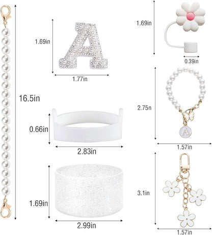 Stanley Cup Accessories Set - Including Water Bottle Carrying Pearl Strap, Handle Letter Charms Sticker, Silicone Cups Boot Straw Cover for 40oz & 30oz Tumbler