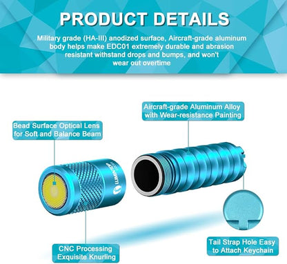 LUMINTOP EDC01 Keychain Flashlight 120 lumens Pocket EDC Flashlight 36 Hours Long Lasting IPX8 Waterproof for Daily Use Blue