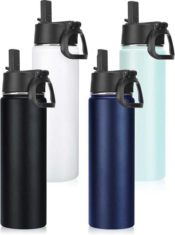 Neihepal 22 oz Insulated Water Bottles Bulk, Double Walled Vacuum Stainless Steel Water Bottle Multipack with Leak Proof Straw Lid for Men, Adults, Kids, Gym, Sports (Mix,4 Pack)