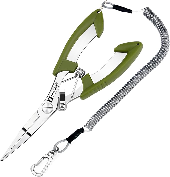 Booms Fishing H01 Small Fishing Pliers Scissors Braid Cutters Lightweight Stainless Steel Fishing Tools Split Ring Pliers Hook Remover, Green