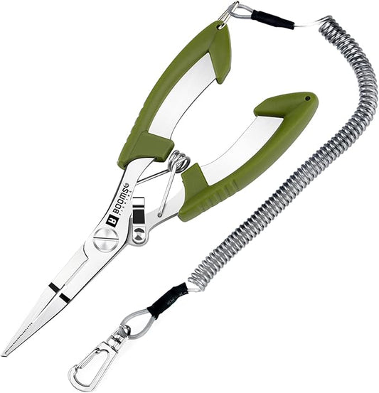 Booms Fishing H01 Small Fishing Pliers Scissors Braid Cutters Lightweight Stainless Steel Fishing Tools Split Ring Pliers Hook Remover, Green
