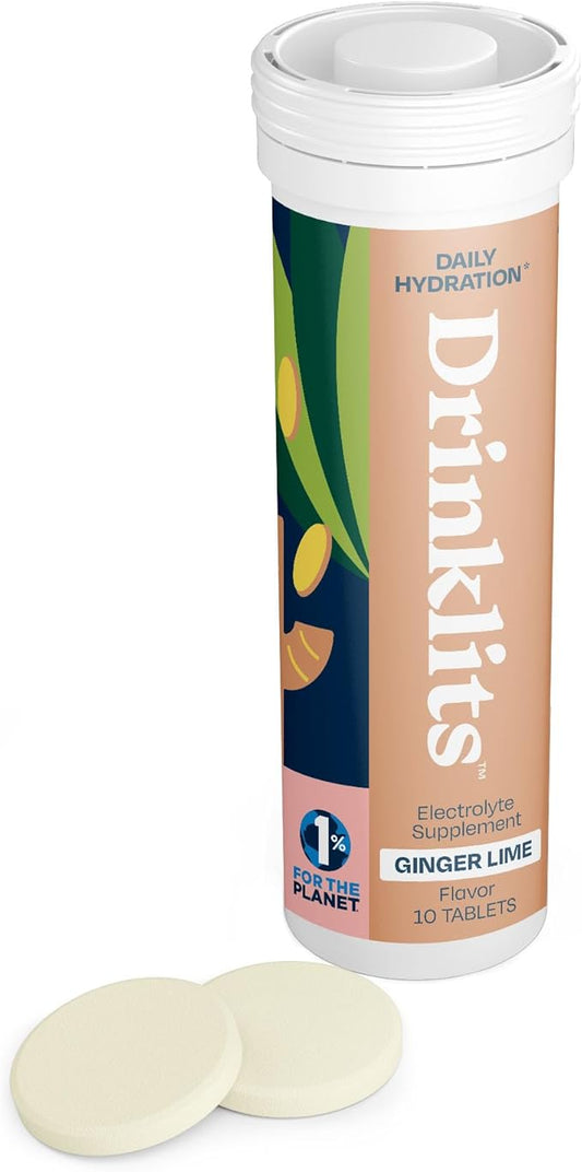 Drinklits Ginger Lime Electrolyte Tablets for Hydration | Great Taste - 0g Sugar - Essential Electrolytes - Daily Use | Single Tube (10 Tablets/Servings)