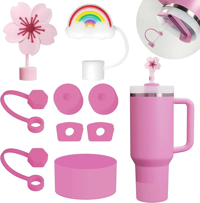 Stanley Cup Accessories Set Including 6 Pcs Silicone Spill Proof Stopper, 2 Pcs Straw Cover Cap for 9-10 mm Straws, 1 Pcs Silicone Boot for Stanley Cup 40oz & 30oz Tumbler (Peony)