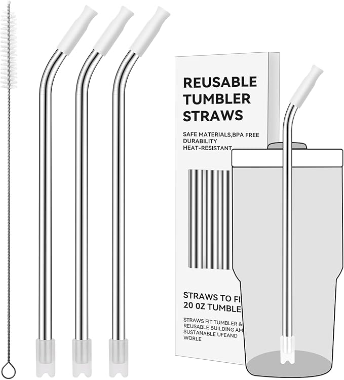 Reusable Metal Straws with Silicone Tip for Stanley 20oz,Stainless Steel Drinking Straws for 20oz Tumbler,3 Bent Tubes & 6 Tips& 1 Cleanr Brush(White)