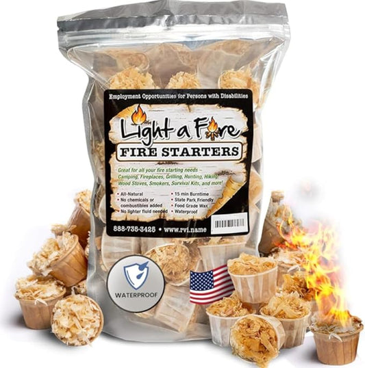 All Natural Waterproof Fire Starters - XL Bag 60 Extra Long Lasting Fire Pods. Perfect for Camping, Fire Pits, Fireplaces, Wood Stoves, BBQ Smoker. Proudly Made in USA