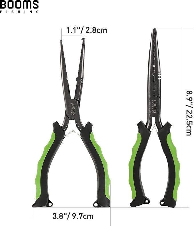Booms Fishing F03 Needle Nose Fishing Pliers, 9" Fisherman's Pliers, Long Nose Hook Remover, Saltwater Resistant Fishing Gear, Green