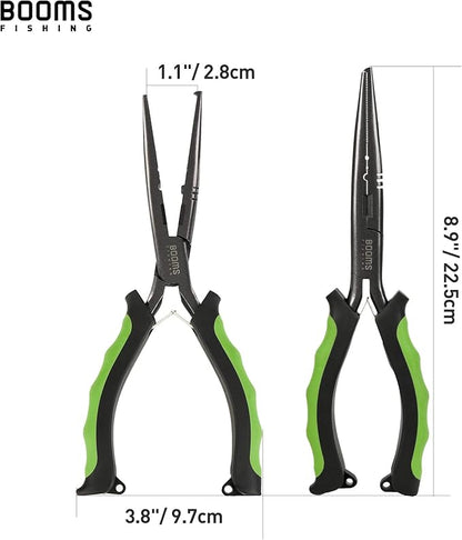 Booms Fishing F03 Needle Nose Fishing Pliers, 9" Fisherman's Pliers, Long Nose Hook Remover, Saltwater Resistant Fishing Gear, Green
