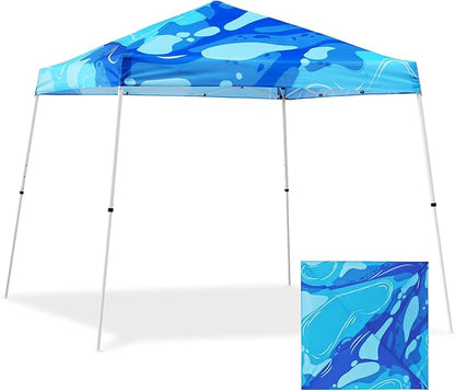 EAGLE PEAK 10x10 Slant Leg Pop-up Canopy Tent Easy One Person Setup Instant Outdoor Beach Canopy Folding Portable Sports Shelter 10x10 Base 8x8 Top (Blue Abstract)
