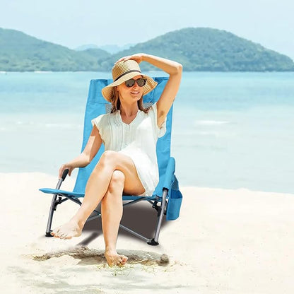 PLKO High Back Beach Chair,Protable Reclining Beach Chair,Beach Chairs for Adults 2pack with Carry Bag,Cup Holder and Padded Armrest for Beach, Travel, Picnic, Festival(Blue)