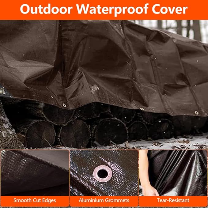 20x20Ft Tarps 16 MIL Heavy Duty Thick Waterproof Poly Tarp, UV Resistant&Tear Multipurpose Protective Cover w/Grommets and Reinforced Edges for Camping, Tent, Boat, RV, Car Brown