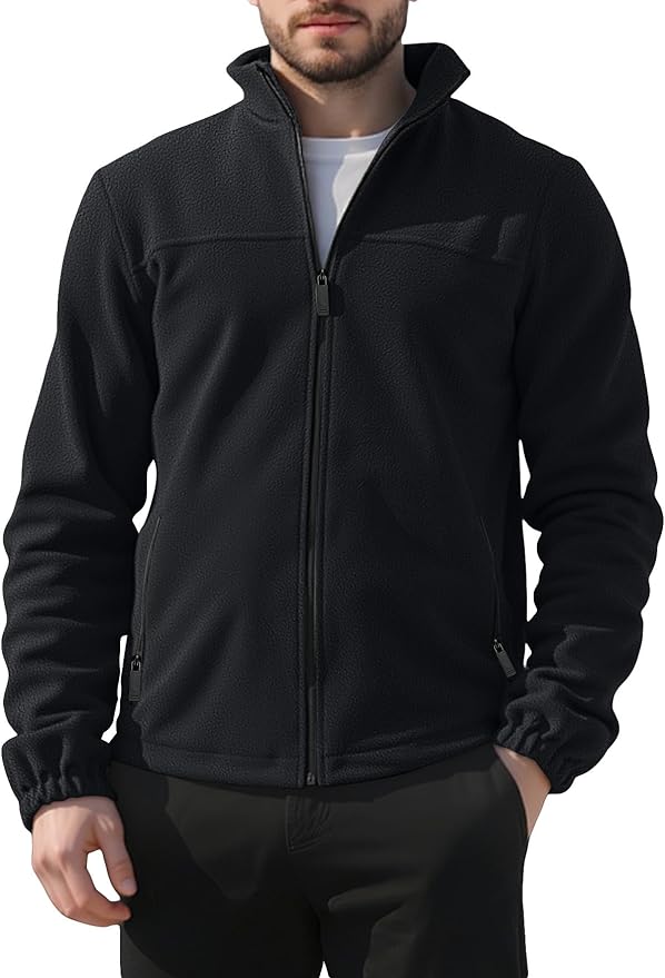 Mens Polar Fleece Jacket Full Zip Lightweight Casual Outdoor Jackets Stand Collar Warm Coats with Pockets