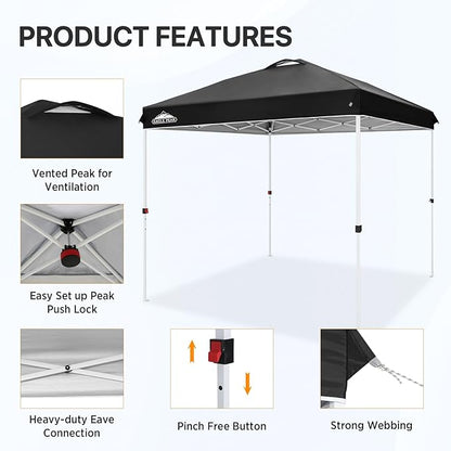 EAGLE PEAK Pop Up Canopy Tent with Wheeled Carry Bag, 8 Stakes, 4 Ropes, Easy Set Up Tent Canopy, 8x8 ft, Black