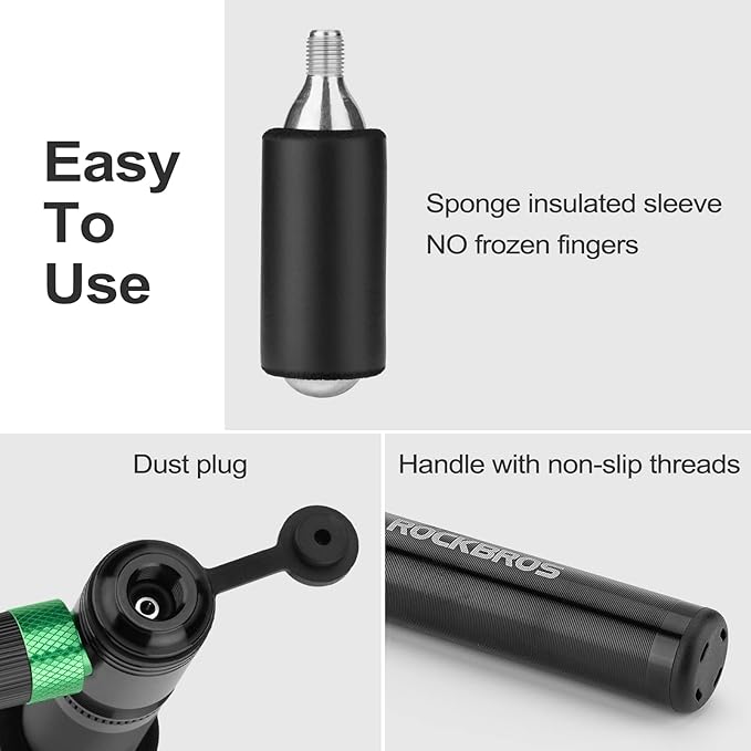 ROCKBROS Mini Bike Pump 110PSI Hand Pump and CO2 Inflator Dual Purpose Presta and Schrader Valve Compatible Bicycle Tire Pump for Road and Mountain Bikes Insulated Sleeve - No CO2 Cartridges Included