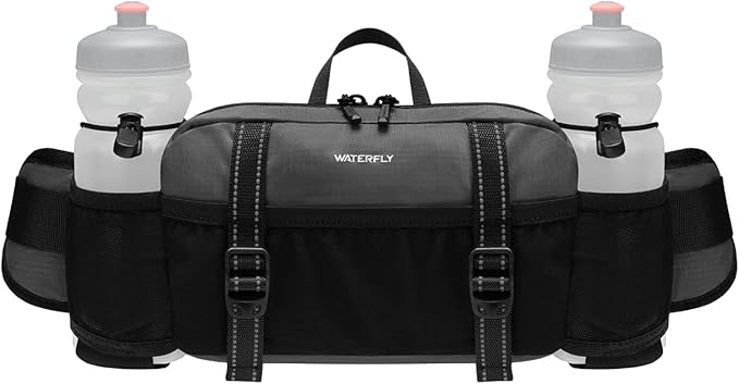 WATERFLY Large Hiking Fanny Pack: 3L Waist Bag with 2 Bottle Holders for Women Men - 9 Pockets & Adjustable Belt Lumbar Hip Packs for Travel Running Cycling Camping Workout (Bottles Not Included)