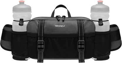 WATERFLY Large Hiking Fanny Pack: 3L Waist Bag with 2 Bottle Holders for Women Men - 9 Pockets & Adjustable Belt Lumbar Hip Packs for Travel Running Cycling Camping Workout (Bottles Not Included)