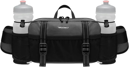 WATERFLY Large Hiking Fanny Pack: 3L Waist Bag with 2 Bottle Holders for Women Men - 9 Pockets & Adjustable Belt Lumbar Hip Packs for Travel Running Cycling Camping Workout (Bottles Not Included)