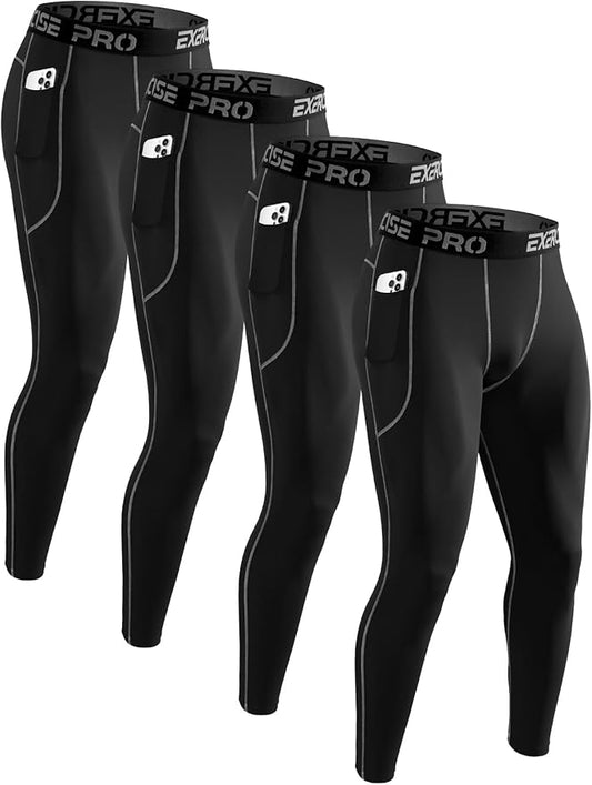 4 Pack Men’s Compression Pants Running Tights Workout Leggings for Men Athletic Base Layer Bottoms with Pockets