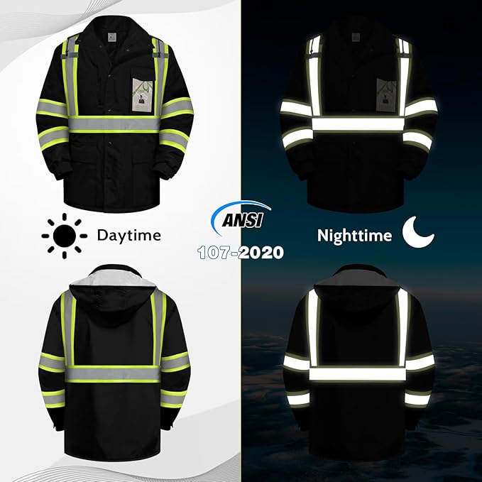 Hi Vis Jackets for Men, Safety Jackets for Men& Women, Reflective Apparel with Pockets for Cold Weather Winter, Waterproof High Vis Rain Coat, Class 3, Black with Bottom Long, XL