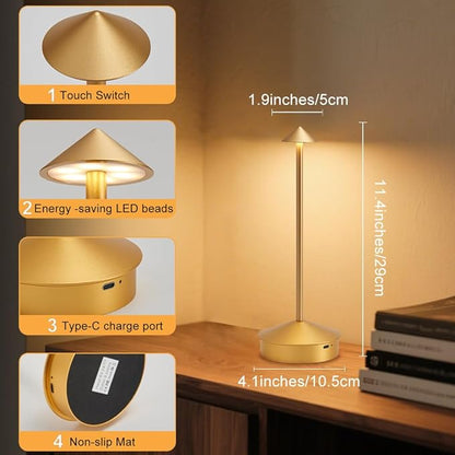EJQ Cordless Table Lamp,Portable LED Table Light, Rechargeable 6000mAh Battery Operated, 3 Color Stepless Dimming Up Touch Lamp for Restaurant/Bedroom/Bars/Outdoor Party/Camping/Camping Light(Gold)