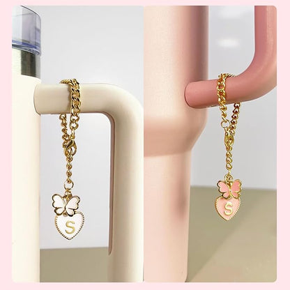 Pink Bow for Stanley Straw Topper- 3pcs Cute Cup Bow Straw Cover Silicone Cap 10mm with 2pcs Initial Letter Charms Name Id Personalized Accessories 40/30 Oz Tumbler Water Bottle Cups N