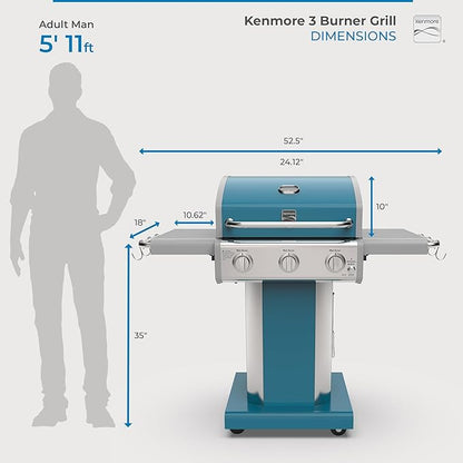 Kenmore 3-Burner Propane BBQ Grill, 30,000 BTUs Gas Grill with Cast Iron Cooking Grates, Folding Side Tables & Wheels, Outdoor Grill with Tool Hooks, Teal