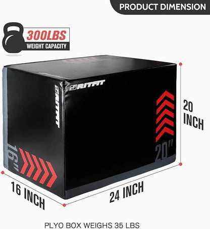 RitFit 3 in 1 Extra Firm Soft Plyo Box Foam Plyometric Box-30”x24”x20”-20"x18"x16" Heavy Duty High Density Foam Jumping Box 3 Sizes with PVC Cover,Platform for Home Gym Fitness, 440lb Weight Capacity