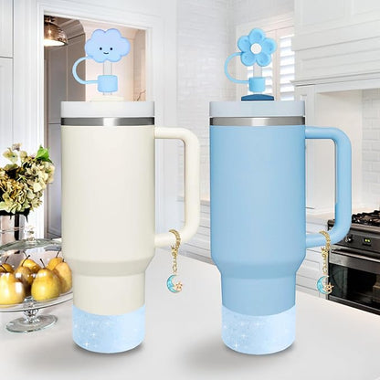 Stanley Cup Accessories Set,Including 2 Pcs 0.4in Straw Cover, 1 Silicone Spill-Proof Stopper Set of 3, 1 Cute Moon Handle Charm, 1 Silicone Boot Fits Stanley 40&30 Oz Tumbler (Blue 2.0)