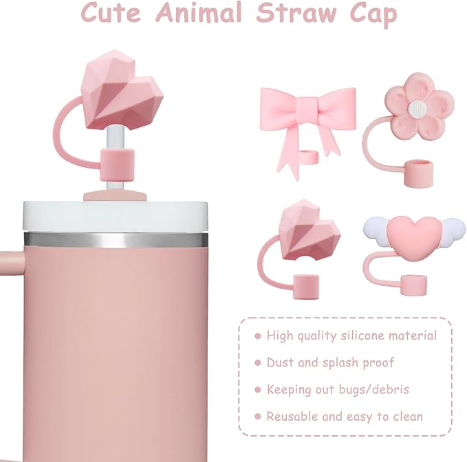 4 Pcs 0.4in Straw Cover for Stanley Cup, Silicone Straw Topper Set for 30&40oz Stanley Tumble, Fit for 10mm/0.4in Straws (Pink)