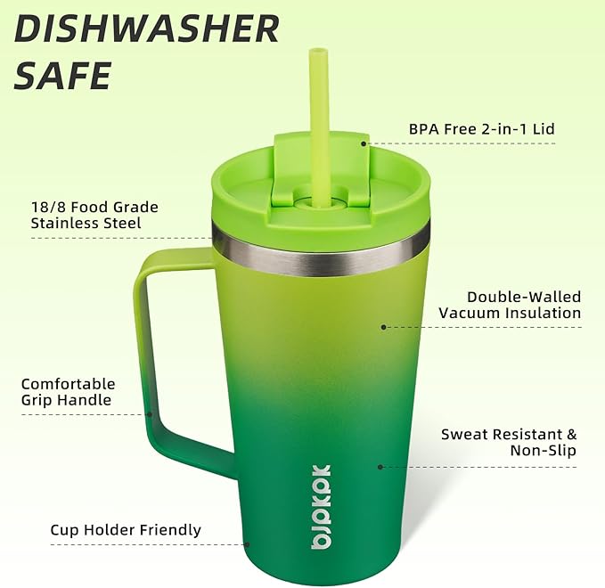 BJPKPK Insulated Tumbler with Handle, 18oz Insulated Tumblers with Lid and Straw, Stainless Steel Metal Water Bottles, Coffee Travel Mugs, Cups, Bamboo Grove