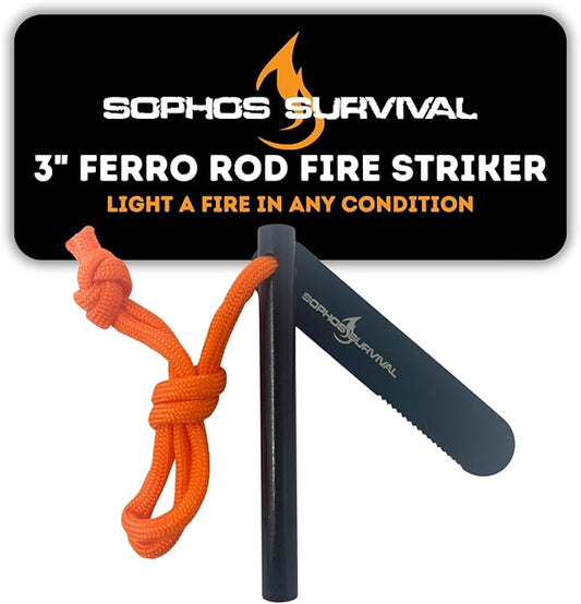 Ferro Rod Fire Starter Drilled Flint and Steel Survival Tool Kit with High Visibility Paracord Lanyard and Weatherproof Striker
