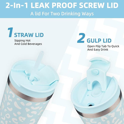 BJPKPK 34oz Tumbler With lid And Straw Stainless Steel Travel Coffee Mug Insulated Tumblers Cups,Light Blue Leopard