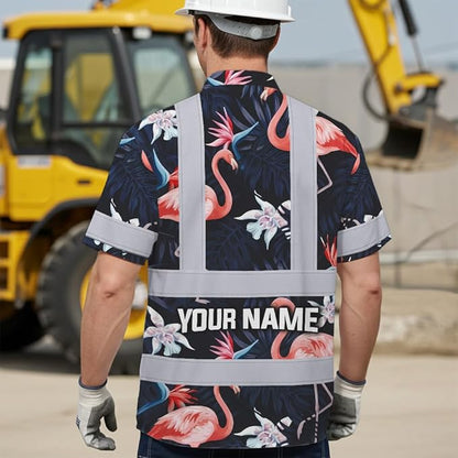 High Visibility Hawaiian Shirt for Men Tropical Shirts Custom Name Floral Outfit Reflective Safety Workwear