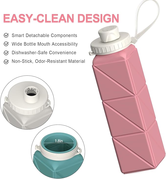 Collapsible Water Bottles 20.6oz, Silicone Foldable Portable Travel Water Bottle, BPA-Free, Leakproof Reusable for Traveling Camping Hiking Cycling Yoga Sports Outdoor, 1 Pack (Pink)