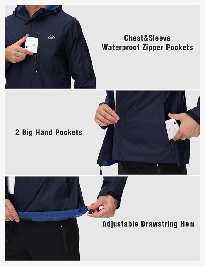 TBMPOY Men's Lightweight Rain Jackets Waterproof Raincoat with Hood Running Cycling Hiking Outdoor Windbreaker