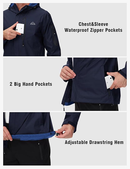 TBMPOY Men's Lightweight Rain Jackets Waterproof Raincoat with Hood Running Cycling Hiking Outdoor Windbreaker