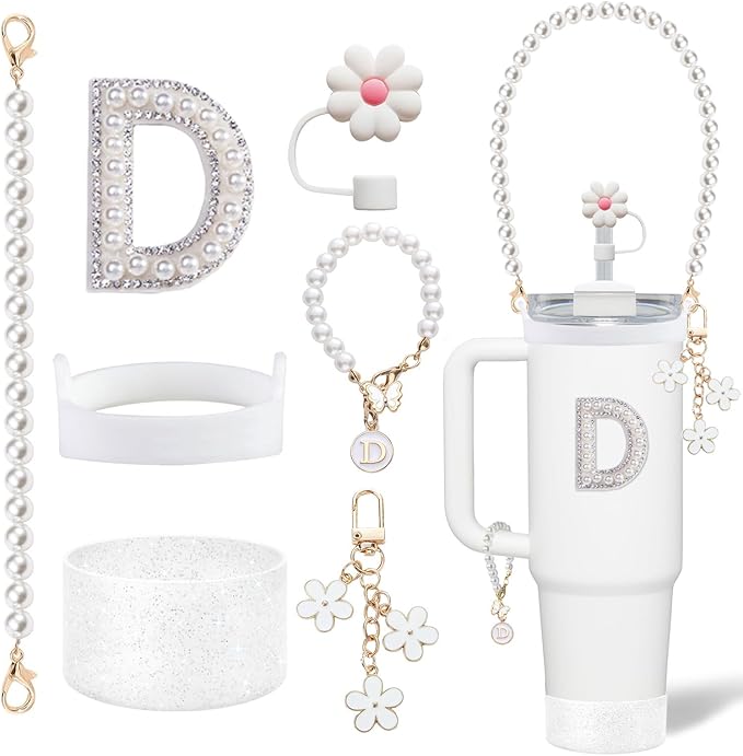 Stanley Cup Accessories Set - Including Water Bottle Carrying Pearl Strap, Handle Letter Charms Sticker, Silicone Cups Boot Straw Cover for 40oz & 30oz Tumbler