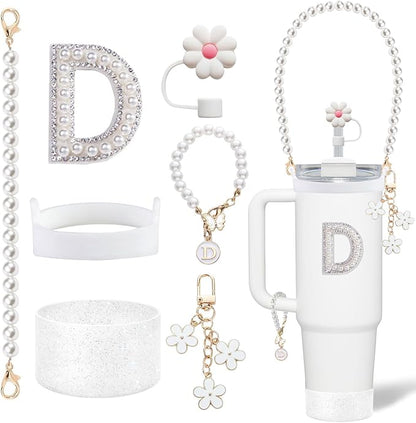 Stanley Cup Accessories Set - Including Water Bottle Carrying Pearl Strap, Handle Letter Charms Sticker, Silicone Cups Boot Straw Cover for 40oz & 30oz Tumbler