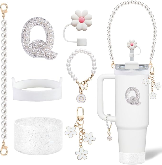 Cup Accessories Set for Stanley- Including Water Bottle Carrying Pearl Strap, Handle Letter Charms Sticker, Siliocne Boot Straw Cover for Stanley 40oz & 30oz Tumbler Accessory Kit Q