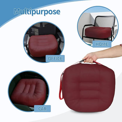 YOUFI Leather Seat Cushion Extra-Thick Booster for Office Chair to Rise Height - Full Filling for Support - with Breathable Cover, Handle and Buckle - Relieves Back Pain – 18"x16"x6" (Red)